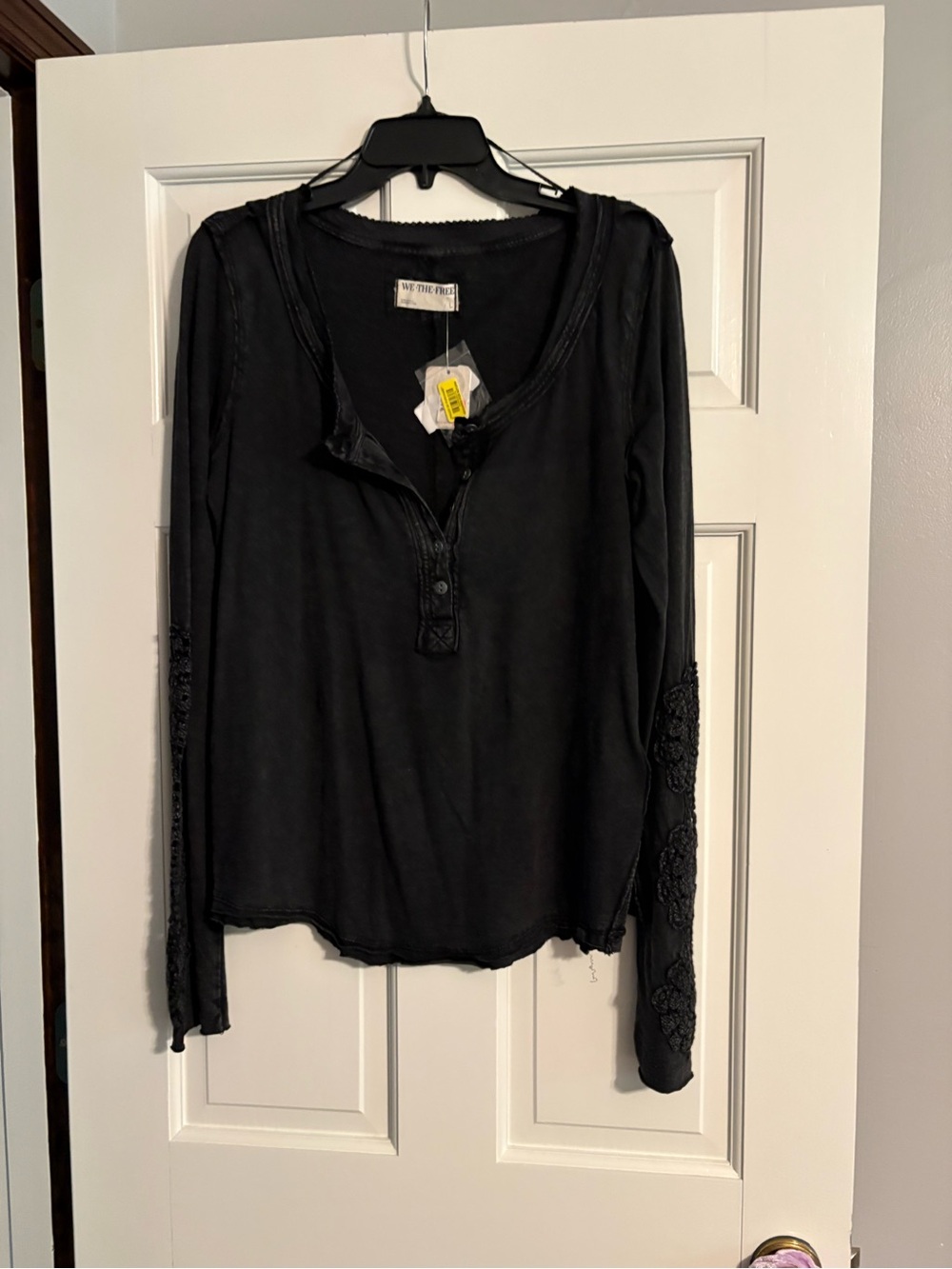 We The Free Black Long-Sleeve Henley with Lace Sleeve Detail